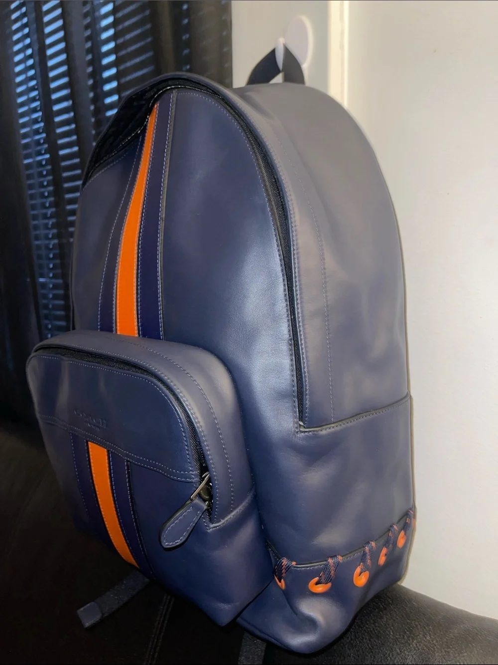 Coach Houston Backpack w/Baseball Stitch (Style F76868) Midnight Navy/Orange NWT